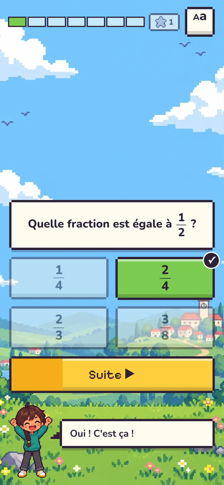 L'écran du jeu : la bonne réponse, 2/4, est en vert et Nina dit « Oui ! C'est ça ! »