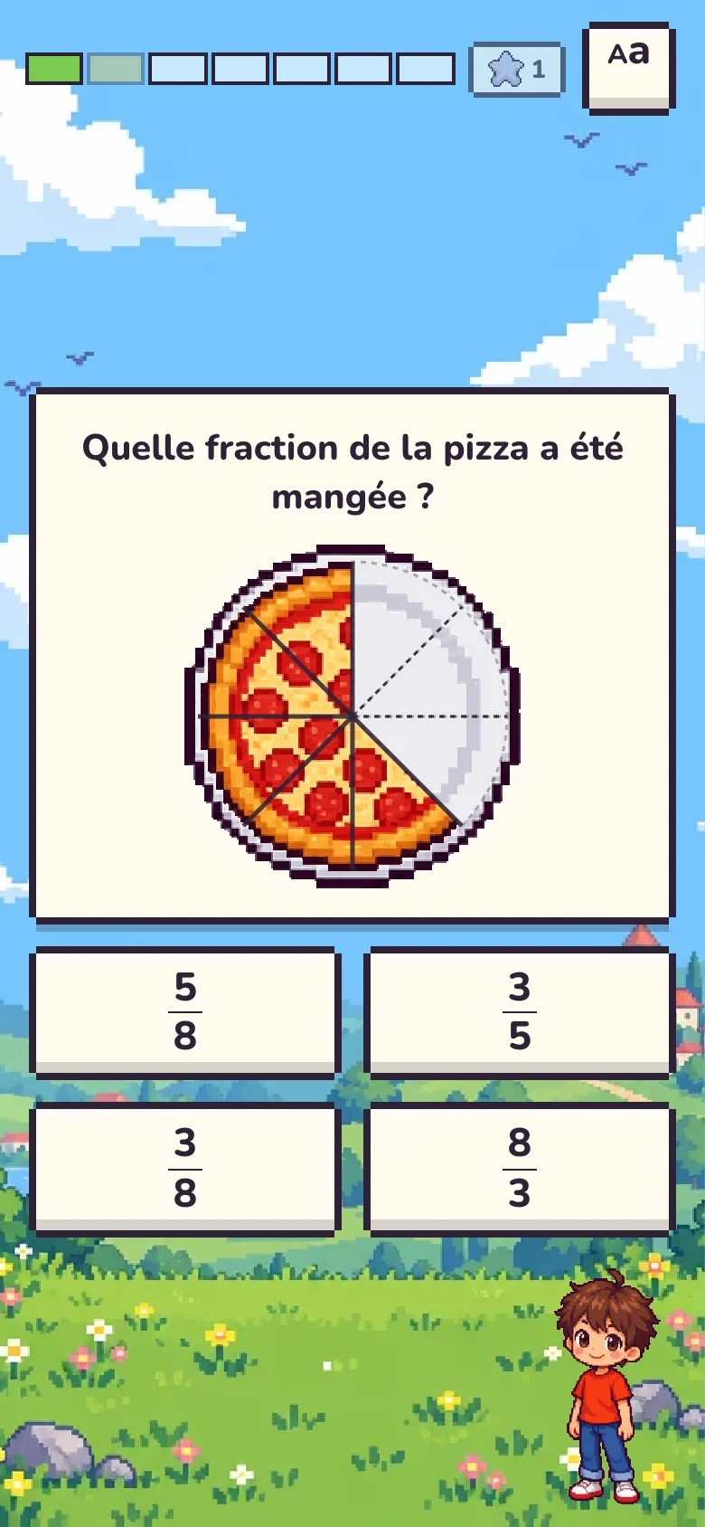 Question : quelle fraction de la pizza a été mangée ? Une pizza partagée en huit, quatre réponses possibles